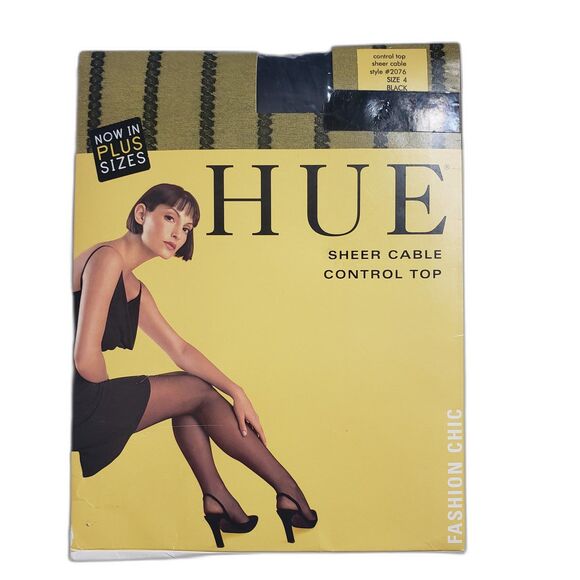 HUE Sheer Cable Control Top Pantyhose Style #2076 Size 4 Black NEW - Picture 1 of 3